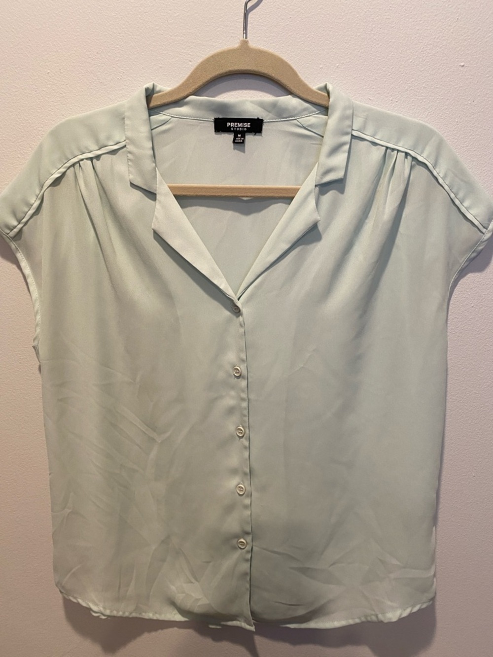 Premise Light Mint Button-Front Cap Sleeve Blouse size Medium